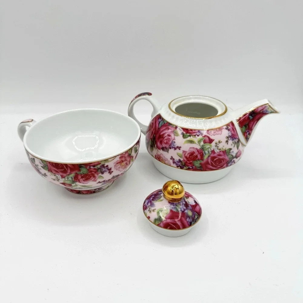 Aynsley Fine Bone China Floral Tea For One Set Teapot‎ Cup Lid Pink Roses Gold